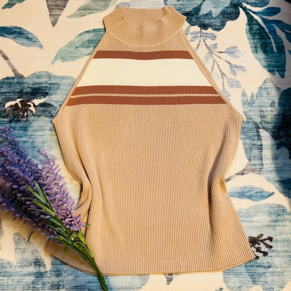 Sleeveless Tan Sweater with Stripes